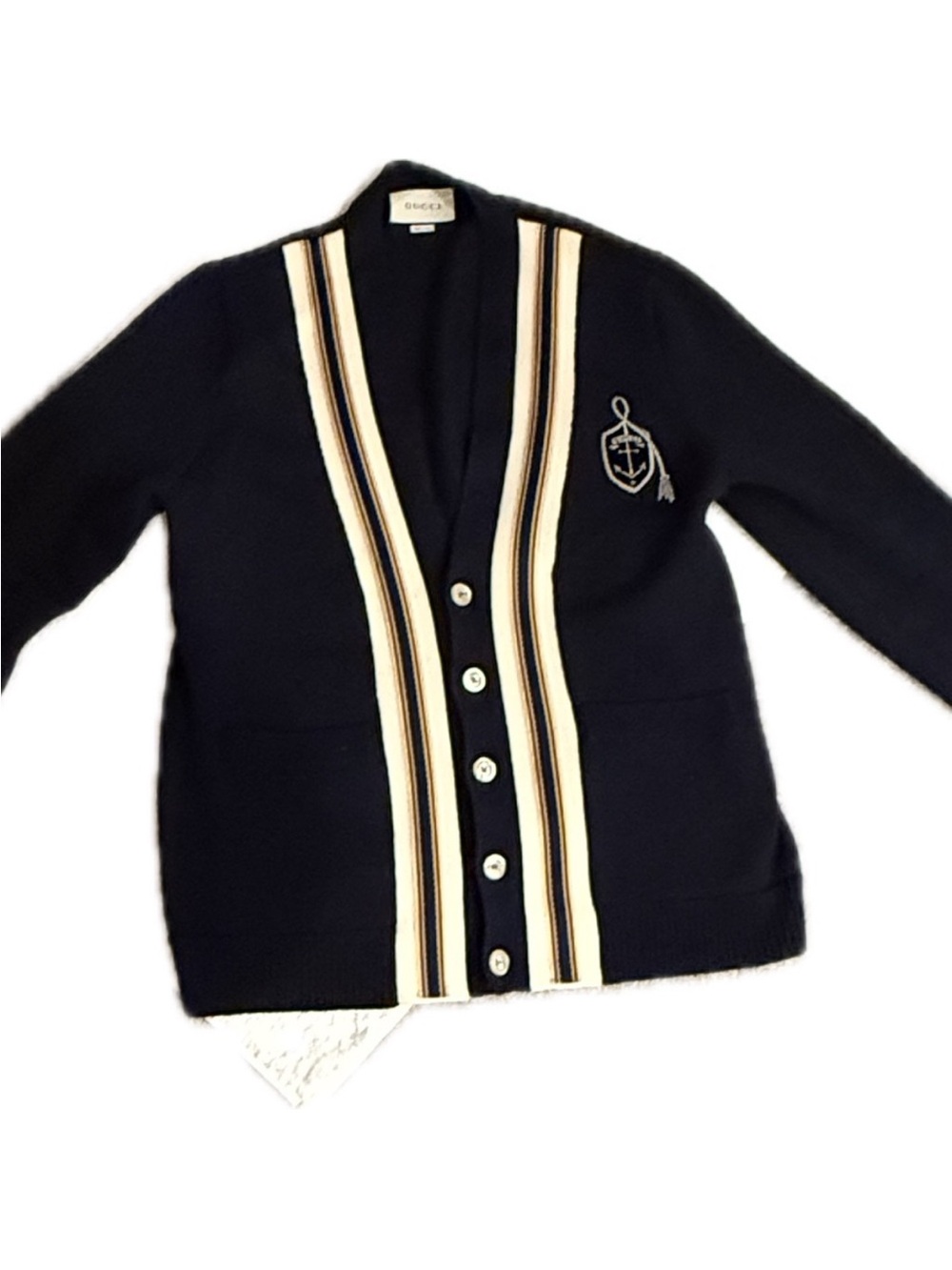 Gucci Black Cardigan with Cream and Brown Striped Placket
